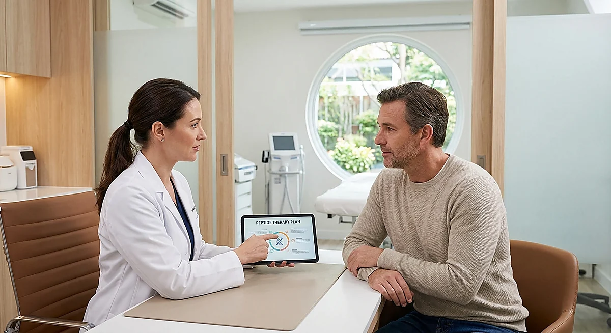 doctor explaining peptide therapy safety to patient during consultation (is peptide therapy safe)