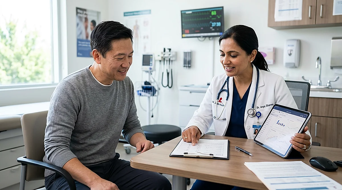 Clinician explaining what to expect from medical weight loss treatment during a first visit