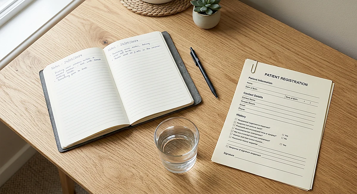 Notebook with questions prepared for a medical weight loss consultation (medical weight loss first visit / medically supervised weight loss)