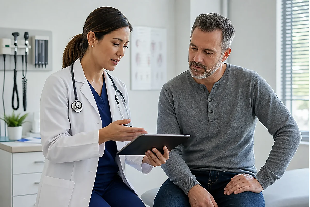 Clinician reviewing lab results while explaining how much does testosterone replacement therapy cost