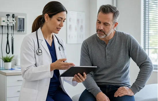 Clinician reviewing lab results while explaining how much does testosterone replacement therapy cost