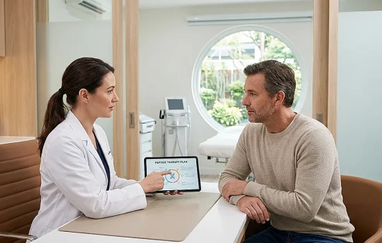 doctor explaining peptide therapy safety to patient during consultation (is peptide therapy safe)