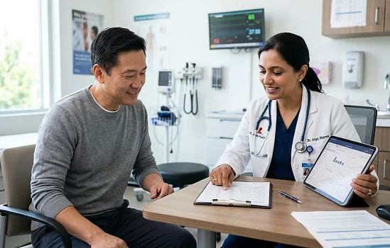 Clinician explaining what to expect from medical weight loss treatment during a first visit